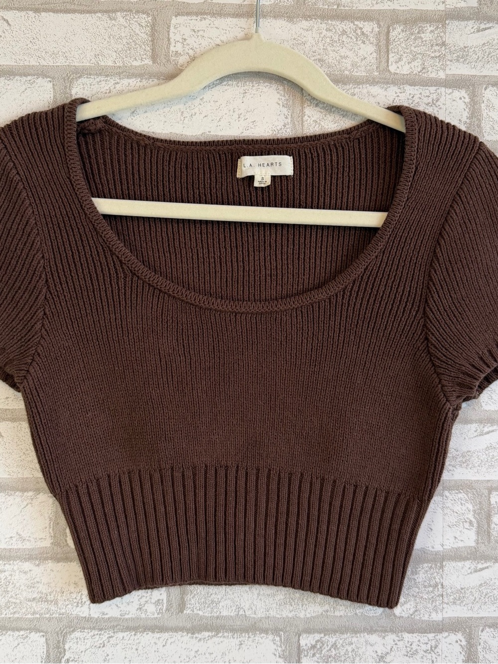 L.A. Hearts Brown Rib Knit Cropped Sweater Top Puff Sleeve Women’s Small Soft